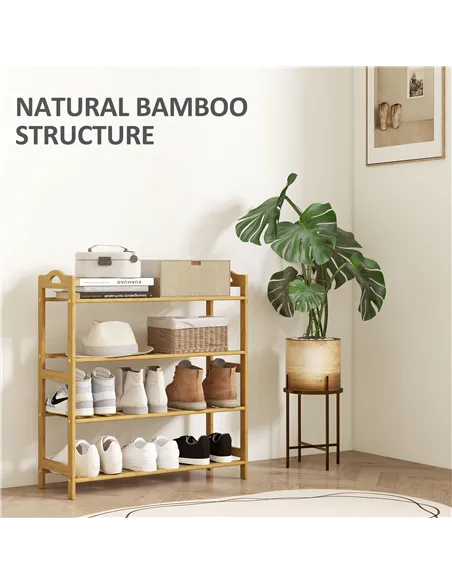HOMCOM Freestanding Bamboo Shoe Rack, 4-Tier Shoe Shelf Stand for Hallway, Living Room, Bedroom, Natural Wood Finish