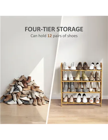 HOMCOM Freestanding Bamboo Shoe Rack, 4-Tier Shoe Shelf Stand for Hallway, Living Room, Bedroom, Natural Wood Finish