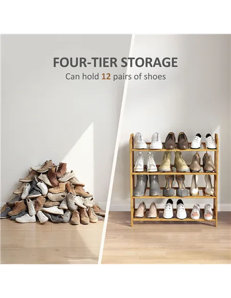 HOMCOM Freestanding Bamboo Shoe Rack, 4-Tier Shoe Shelf Stand for Hallway, Living Room, Bedroom, Natural Wood Finish