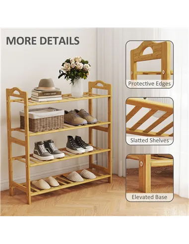 HOMCOM Freestanding Bamboo Shoe Rack, 4-Tier Shoe Shelf Stand for Hallway, Living Room, Bedroom, Natural Wood Finish