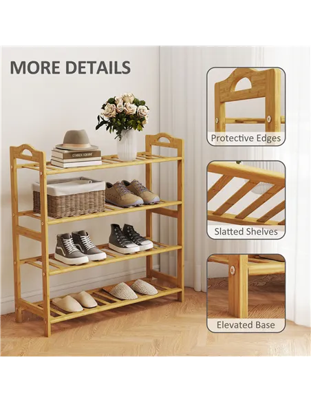 HOMCOM Freestanding Bamboo Shoe Rack, 4-Tier Shoe Shelf Stand for Hallway, Living Room, Bedroom, Natural Wood Finish
