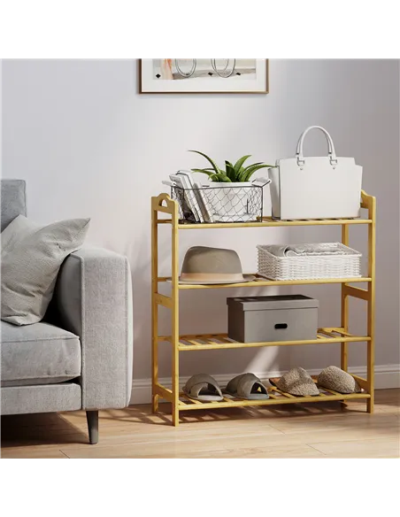 HOMCOM Freestanding Bamboo Shoe Rack, 4-Tier Shoe Shelf Stand for Hallway, Living Room, Bedroom, Natural Wood Finish