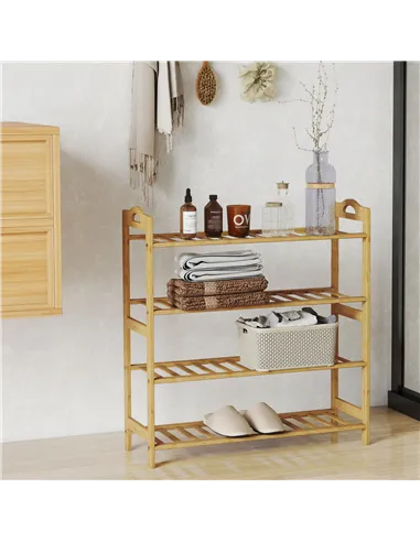 HOMCOM Freestanding Bamboo Shoe Rack, 4-Tier Shoe Shelf Stand for Hallway, Living Room, Bedroom, Natural Wood Finish