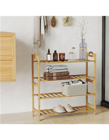 HOMCOM Freestanding Bamboo Shoe Rack, 4-Tier Shoe Shelf Stand for Hallway, Living Room, Bedroom, Natural Wood Finish