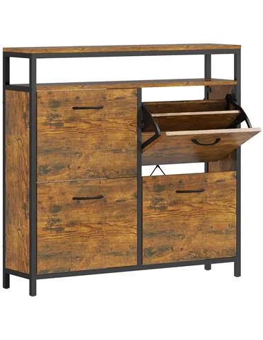 HOMCOM Shoe Storage Cabinet with 4 Flip Drawers and Open Shelf - Rustic Brown