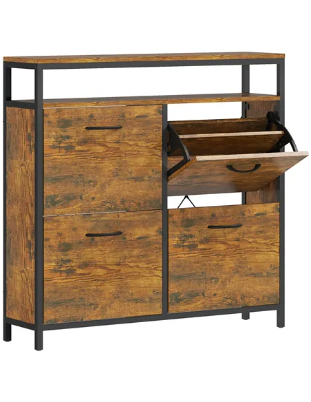 HOMCOM Shoe Storage Cabinet with 4 Flip Drawers and Open Shelf - Rustic Brown