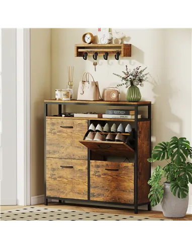 HOMCOM Shoe Storage Cabinet with 4 Flip Drawers and Open Shelf - Rustic Brown