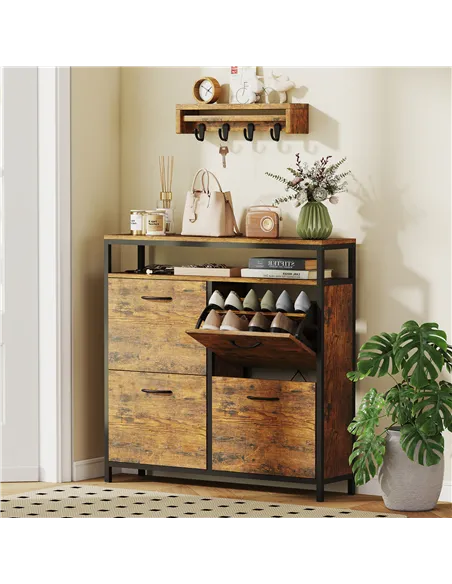 HOMCOM Shoe Storage Cabinet with 4 Flip Drawers and Open Shelf - Rustic Brown