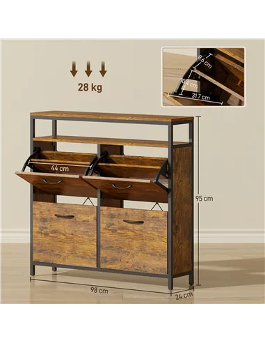 HOMCOM Shoe Storage Cabinet with 4 Flip Drawers and Open Shelf - Rustic Brown