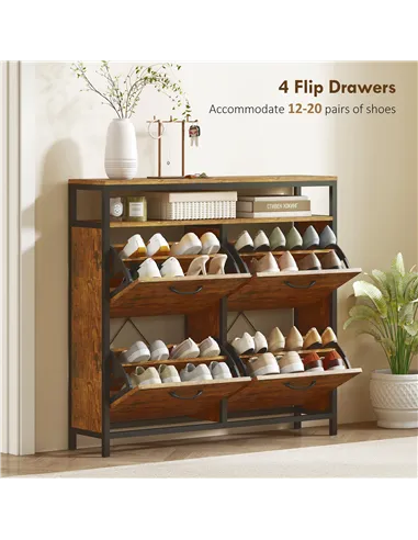 HOMCOM Shoe Storage Cabinet with 4 Flip Drawers and Open Shelf - Rustic Brown