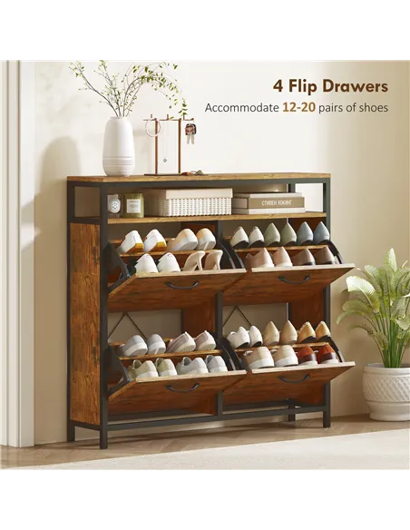 HOMCOM Shoe Storage Cabinet with 4 Flip Drawers and Open Shelf - Rustic Brown