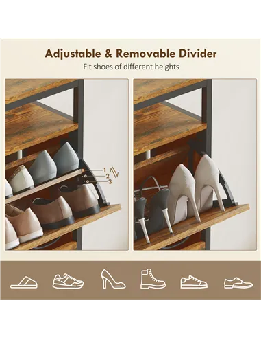 HOMCOM Shoe Storage Cabinet with 4 Flip Drawers and Open Shelf - Rustic Brown