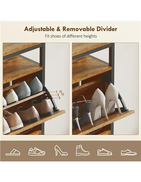 HOMCOM Shoe Storage Cabinet with 4 Flip Drawers and Open Shelf - Rustic Brown