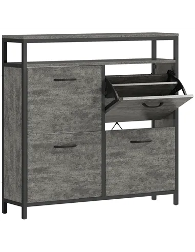 HOMCOM Shoe Storage Cabinet with 4 Flip Drawers and Open Shelf - Cement Grey