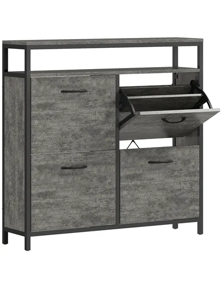 HOMCOM Shoe Storage Cabinet with 4 Flip Drawers and Open Shelf - Cement Grey