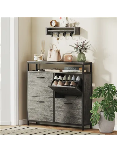 HOMCOM Shoe Storage Cabinet with 4 Flip Drawers and Open Shelf - Cement Grey