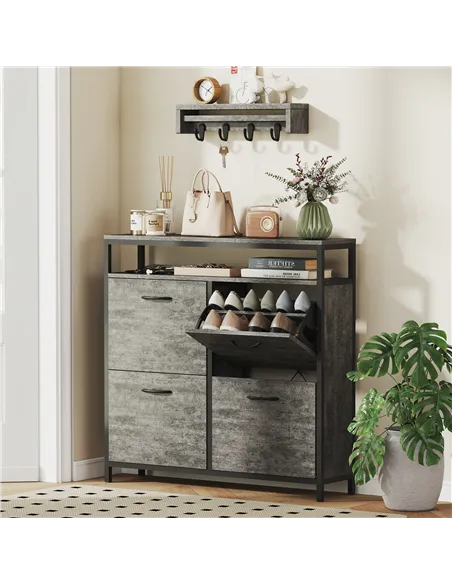 HOMCOM Shoe Storage Cabinet with 4 Flip Drawers and Open Shelf - Cement Grey