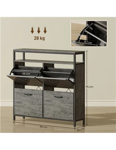 HOMCOM Shoe Storage Cabinet with 4 Flip Drawers and Open Shelf - Cement Grey