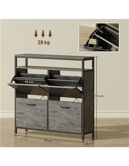 HOMCOM Shoe Storage Cabinet with 4 Flip Drawers and Open Shelf - Cement Grey