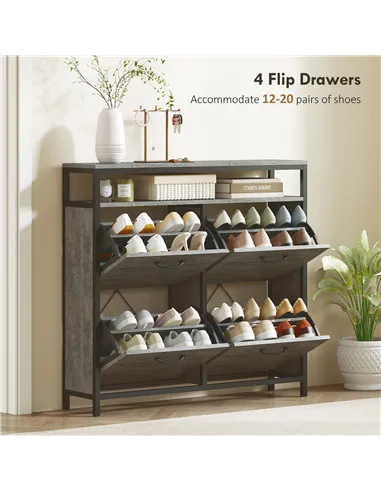 HOMCOM Shoe Storage Cabinet with 4 Flip Drawers and Open Shelf - Cement Grey