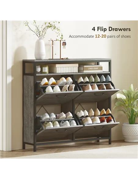 HOMCOM Shoe Storage Cabinet with 4 Flip Drawers and Open Shelf - Cement Grey
