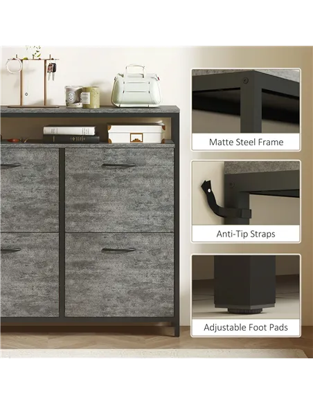 HOMCOM Shoe Storage Cabinet with 4 Flip Drawers and Open Shelf - Cement Grey