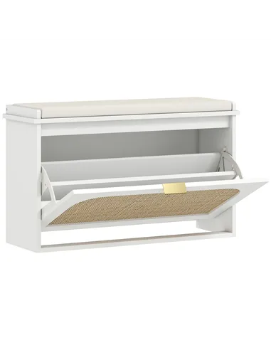 HOMCOM Boho Shoe Bench with Padded Seat and Flip-Drawer - White