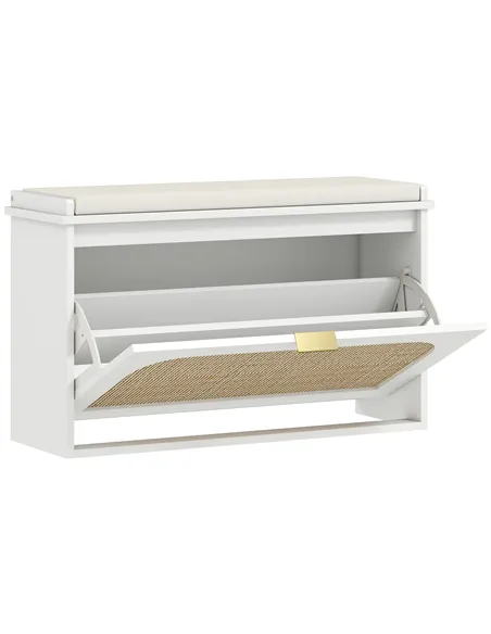HOMCOM Boho Shoe Bench with Padded Seat and Flip-Drawer - White