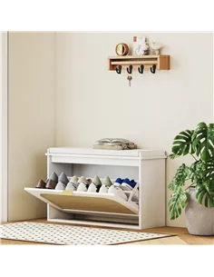HOMCOM Boho Shoe Bench with Padded Seat and Flip-Drawer - White 2