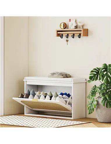 HOMCOM Boho Shoe Bench with Padded Seat and Flip-Drawer - White