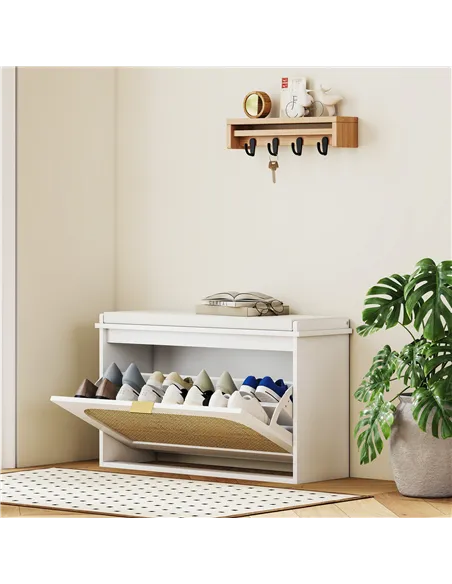 HOMCOM Boho Shoe Bench with Padded Seat and Flip-Drawer - White