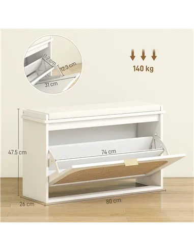 HOMCOM Boho Shoe Bench with Padded Seat and Flip-Drawer - White
