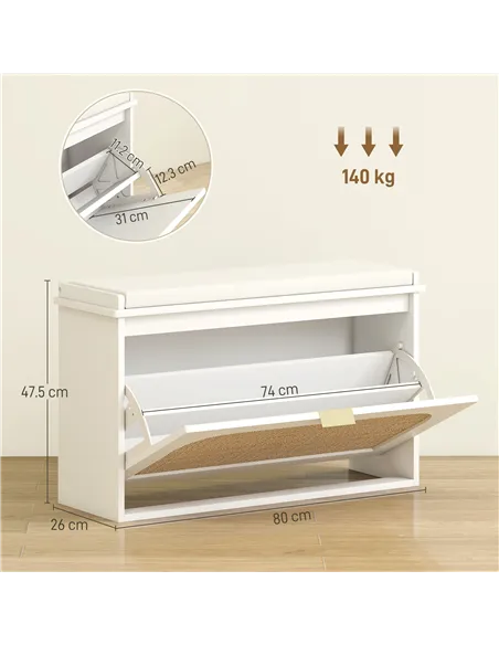 HOMCOM Boho Shoe Bench with Padded Seat and Flip-Drawer - White
