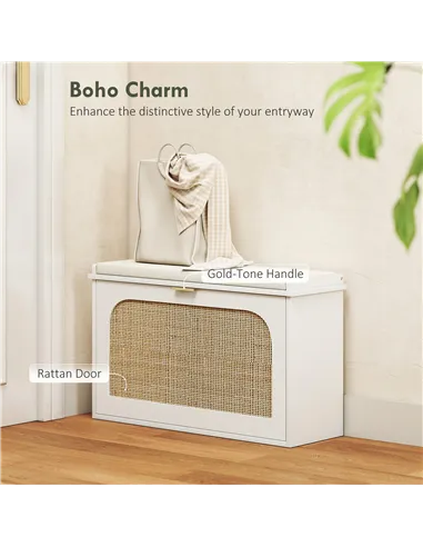 HOMCOM Boho Shoe Bench with Padded Seat and Flip-Drawer - White