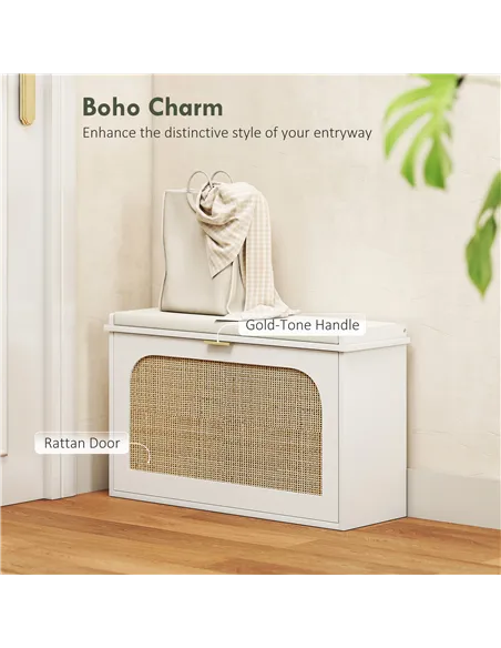 HOMCOM Boho Shoe Bench with Padded Seat and Flip-Drawer - White