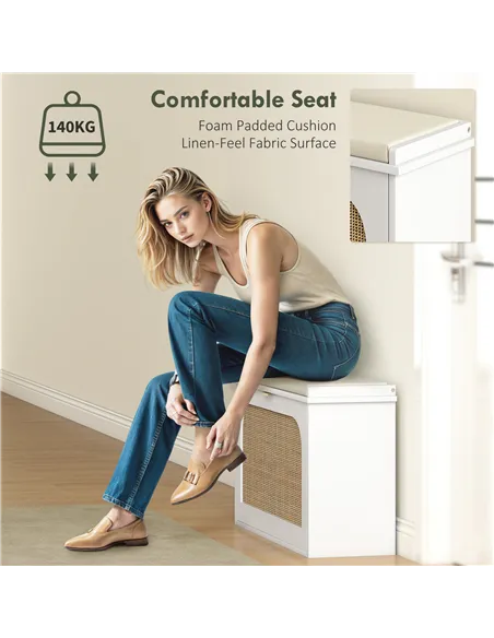 HOMCOM Boho Shoe Bench with Padded Seat and Flip-Drawer - White