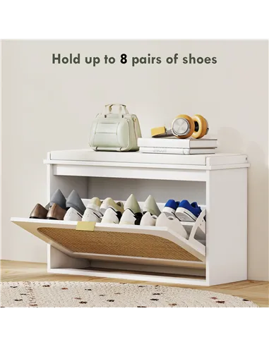HOMCOM Boho Shoe Bench with Padded Seat and Flip-Drawer - White