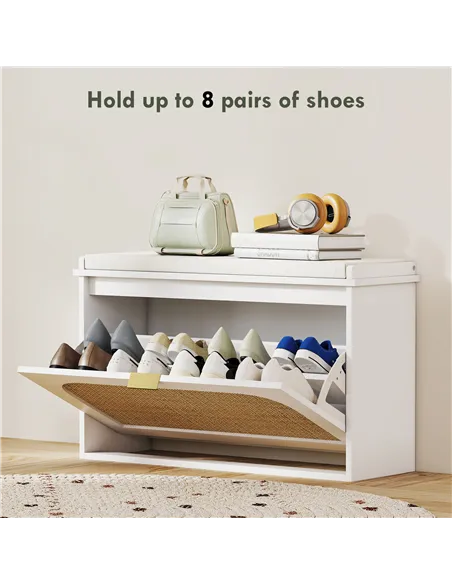 HOMCOM Boho Shoe Bench with Padded Seat and Flip-Drawer - White