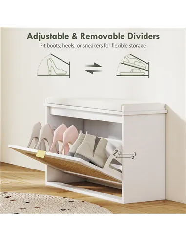 HOMCOM Boho Shoe Bench with Padded Seat and Flip-Drawer - White