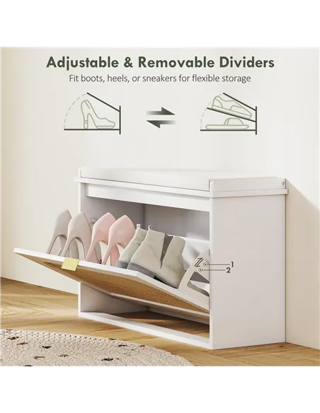 HOMCOM Boho Shoe Bench with Padded Seat and Flip-Drawer - White