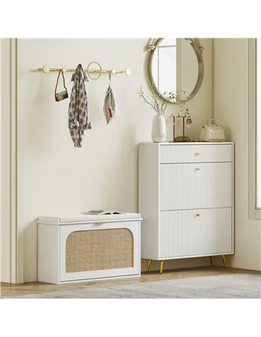 HOMCOM Boho Shoe Bench with Padded Seat and Flip-Drawer - White