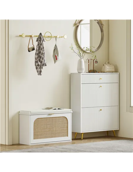 HOMCOM Boho Shoe Bench with Padded Seat and Flip-Drawer - White