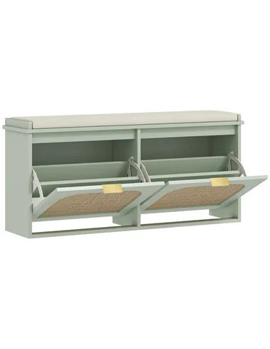 HOMCOM Boho Shoe Bench with Padded Seat and 2 Flip-Drawers - Light Green