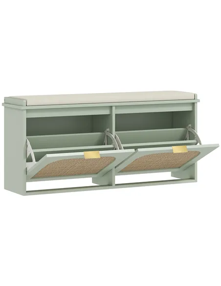 HOMCOM Boho Shoe Bench with Padded Seat and 2 Flip-Drawers - Light Green