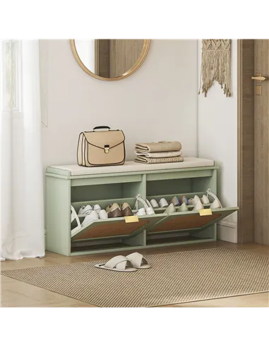 HOMCOM Boho Shoe Bench with Padded Seat and 2 Flip-Drawers - Light Green