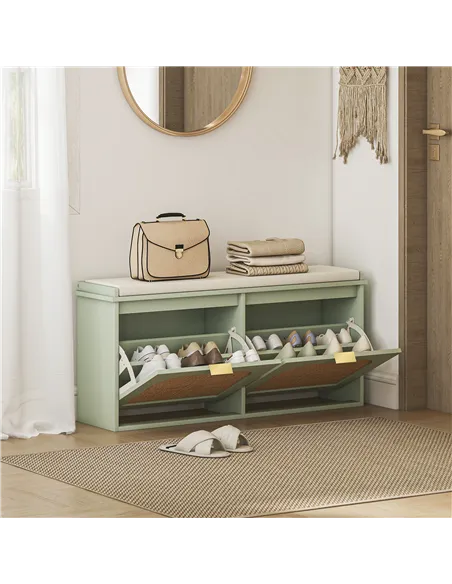 HOMCOM Boho Shoe Bench with Padded Seat and 2 Flip-Drawers - Light Green