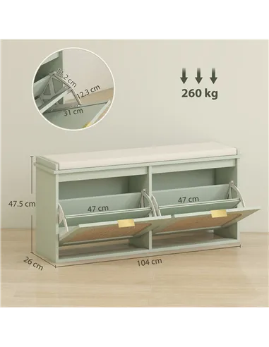 HOMCOM Boho Shoe Bench with Padded Seat and 2 Flip-Drawers - Light Green