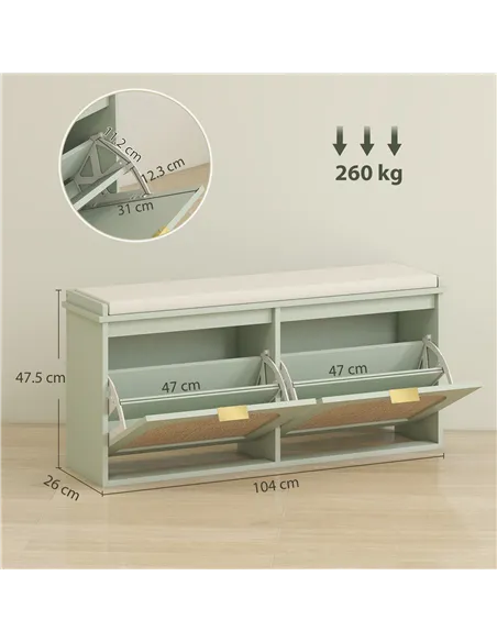 HOMCOM Boho Shoe Bench with Padded Seat and 2 Flip-Drawers - Light Green