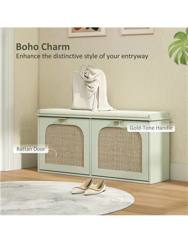 HOMCOM Boho Shoe Bench with Padded Seat and 2 Flip-Drawers - Light Green