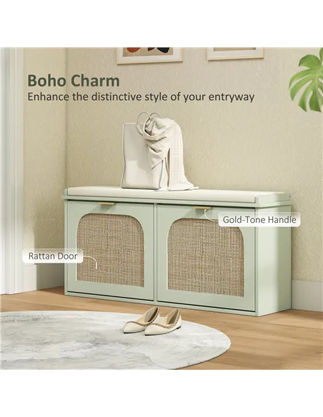 HOMCOM Boho Shoe Bench with Padded Seat and 2 Flip-Drawers - Light Green